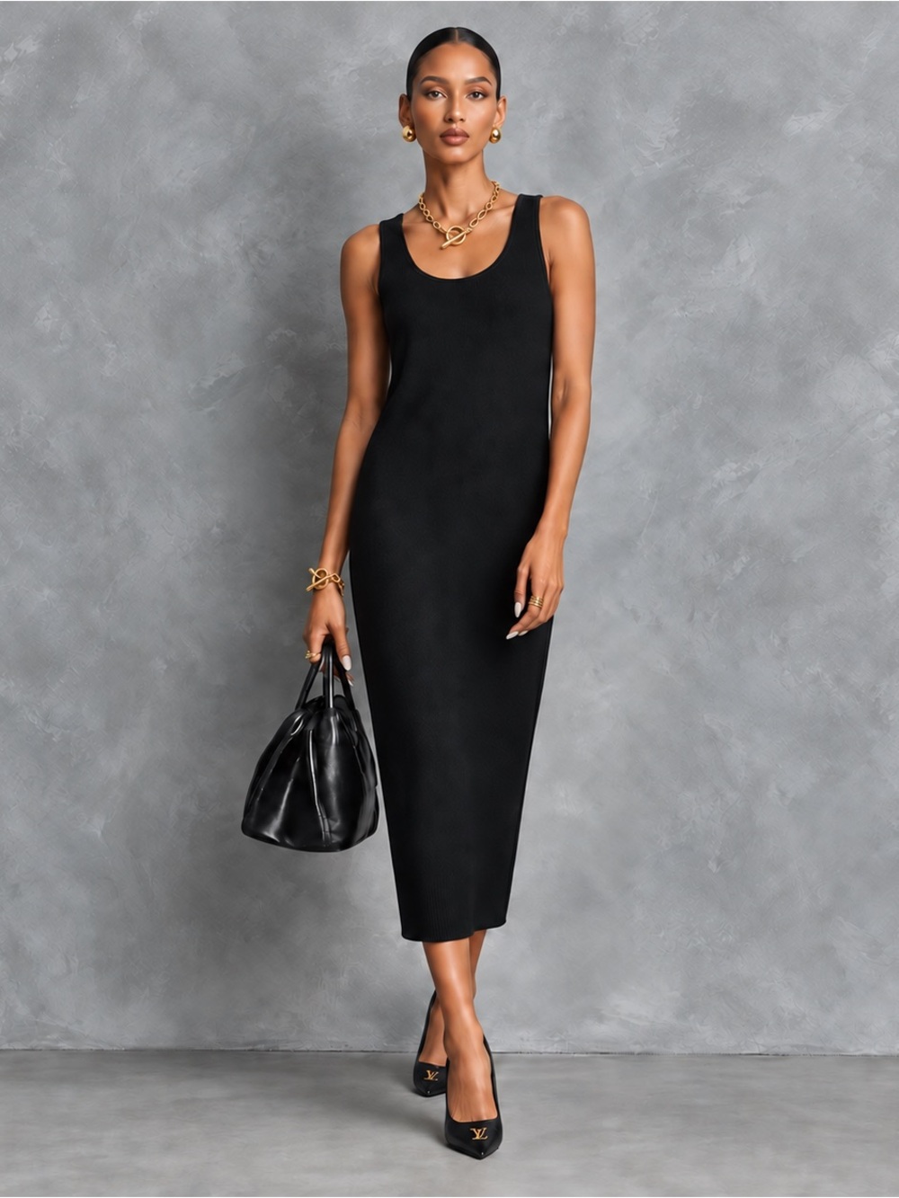 ST. JOHN BASICS BLACK SANTANA KNIT SLEEVELESS MIDI TANK COLUMN DRESS LBD SZ 14